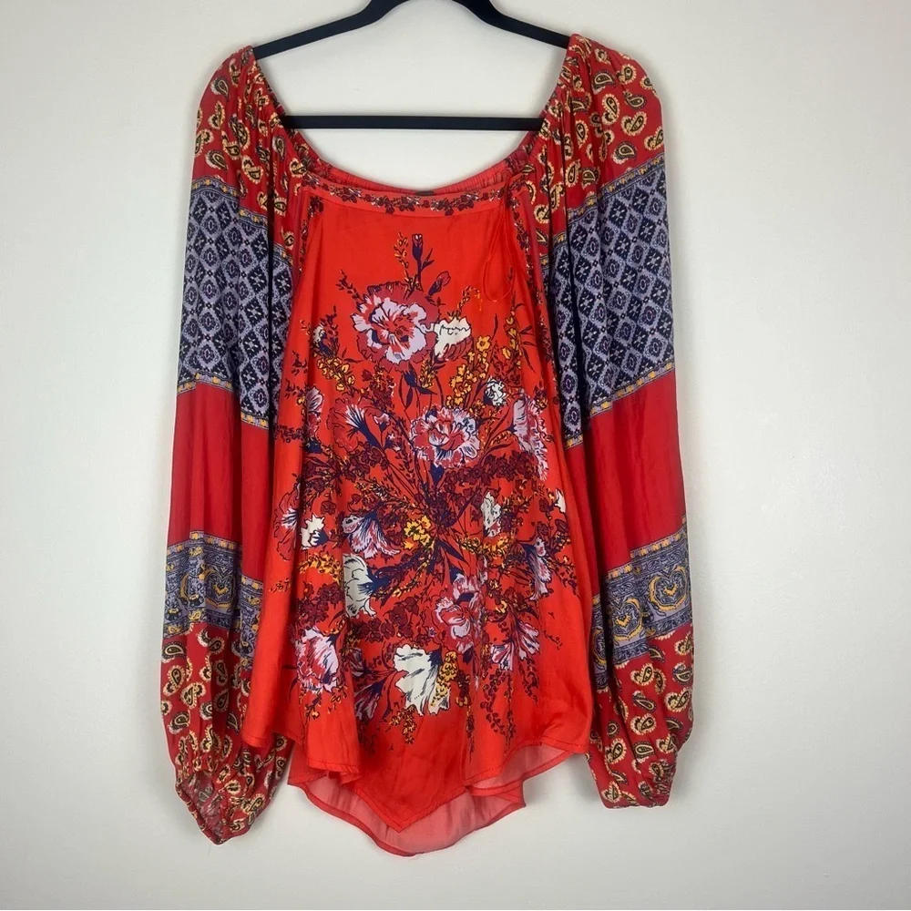 FREE PEOPLE Positano Floral Patchwork Print Boho Long Sleeve Blouse size Large